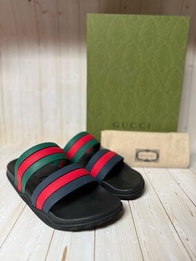 Gucci Double Strap Web Rubber Slide Sandals Multicolor Sz 9G / 9.5 US
